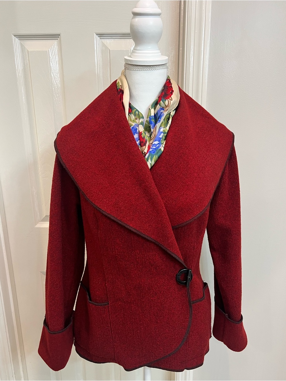 Janska Burgundy Wrap Jacket Shawl Collar Asymmetrical Fleece USA Made Artsy